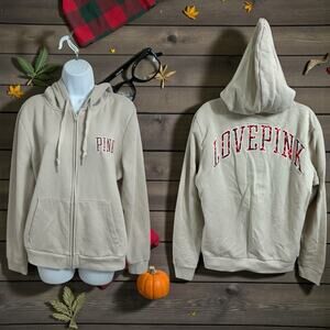 Victoria's Secret PINK Full Zip Hoodie Sz XL Neutral Beige Fleece Sweatshirt